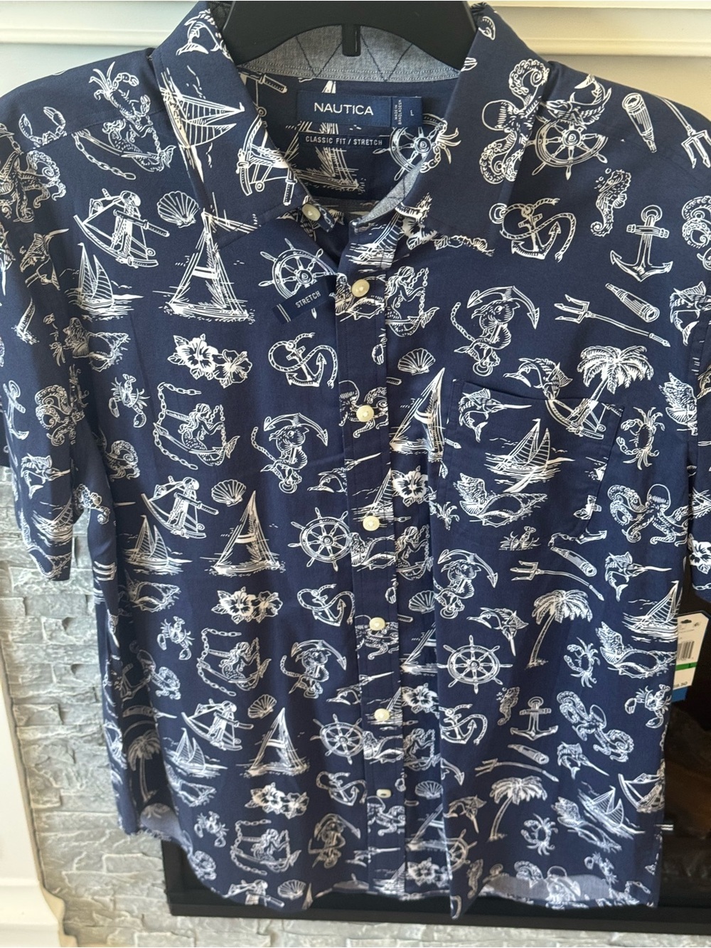 Nautica Men's Navy/White Nautical Print Button-Down Shirt Tropical